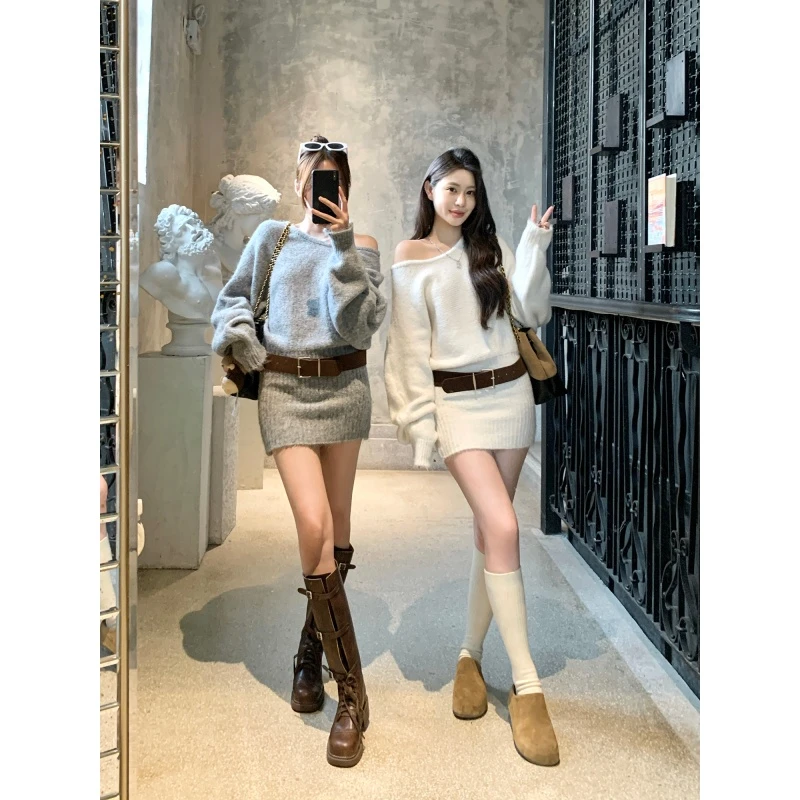 辣妹斜肩长袖针织毛衣连衣裙女秋冬季性感纯欲风收腰显瘦包臀短裙