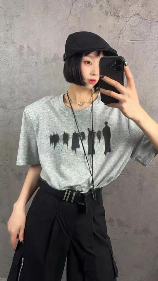 8133#2025新款夏季阴影图案宽松慵懒风显瘦休闲大版半袖T
