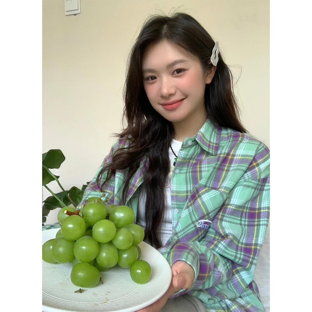 NIDEBLACK韩系少女复古格子长袖衬衫撞色格宽松上衣外套字母刺绣