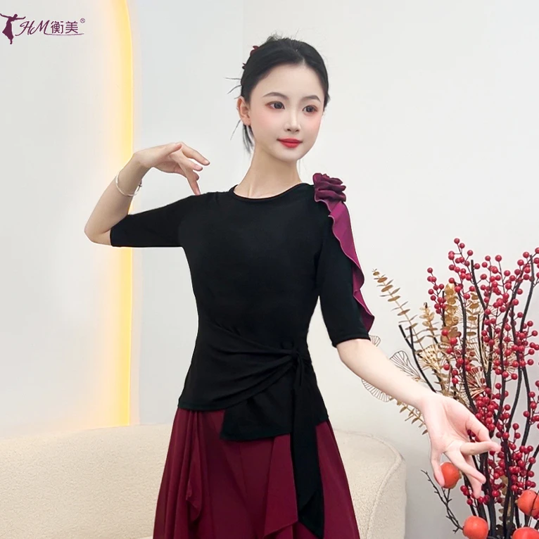 现代舞立体玫瑰花修身绑带上衣成人中国古典舞民族舞服装练功服