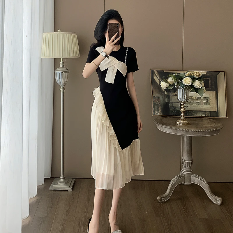 2025夏季黑白撞色拼接连衣裙高级感气质轻奢裙子网纱裙边仙女裙