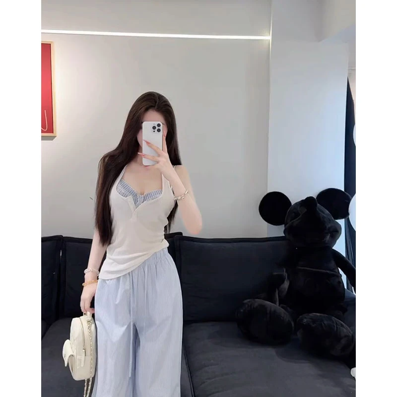 2025年夏季新款chic网红同款内搭抹胸挂脖无袖背心女配阔腿休闲裤