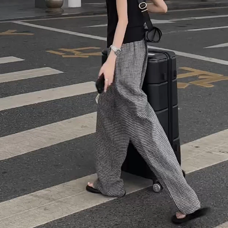 2025夏季新款亚麻舒适抽绳设计黑白格直筒裤宽松显瘦慵懒风拖地裤