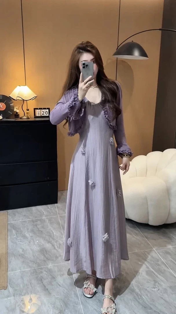 夏日绝美多巴胺花边紫色连衣裙子套装女2025初夏穿搭掐腰长裙套装