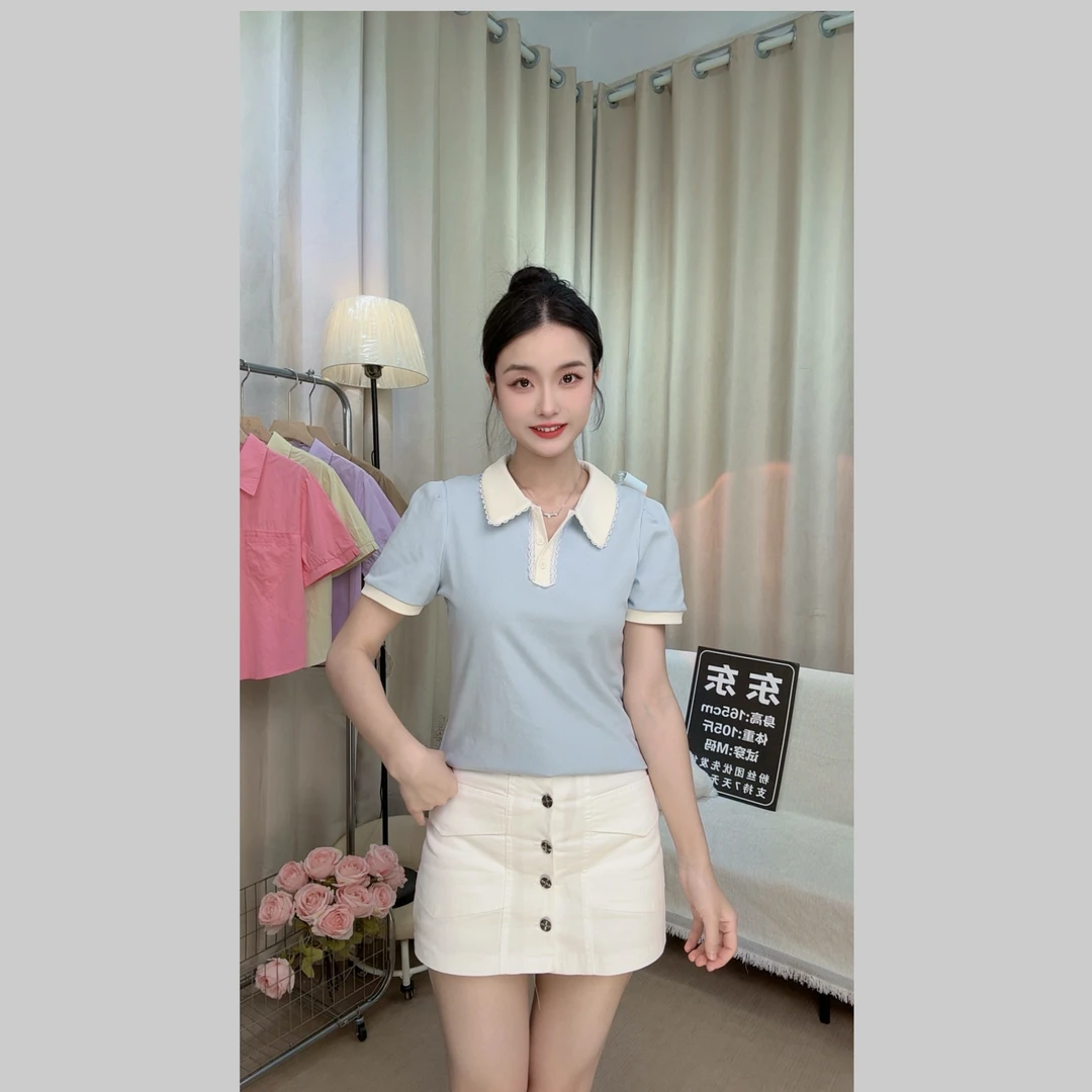 【东东】夏季新款设计感时尚洋气减龄蕾丝polo领短袖t短款
