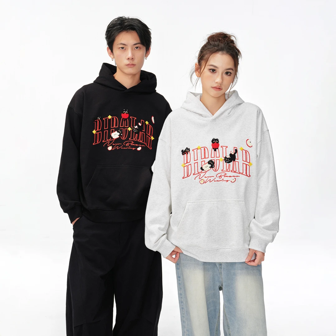 BIPOLAR苹果猫毛巾绣宽松情侣百搭休闲潮流美式连帽卫衣 18S211