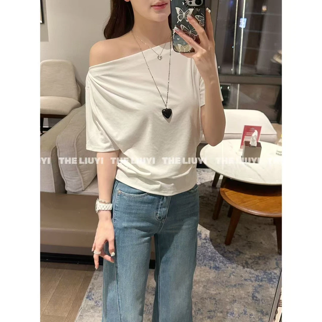 【LIUYI】莱赛尔夏季露肩收腰显瘦短袖T恤54137