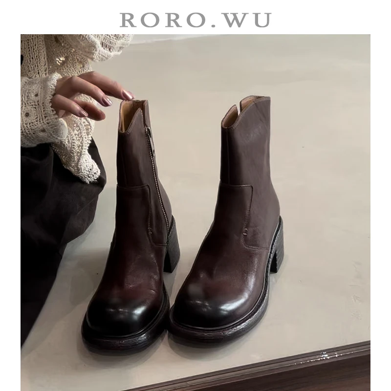 娆娆吴·头层水洗牛皮复古擦色简约通勤粗跟增高百搭马丁靴X458