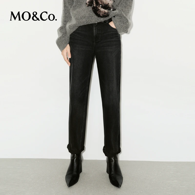 【诗语专属】MOCO牛仔裤冬中高腰精裁九分直筒洗水长裤MBD4JENT03