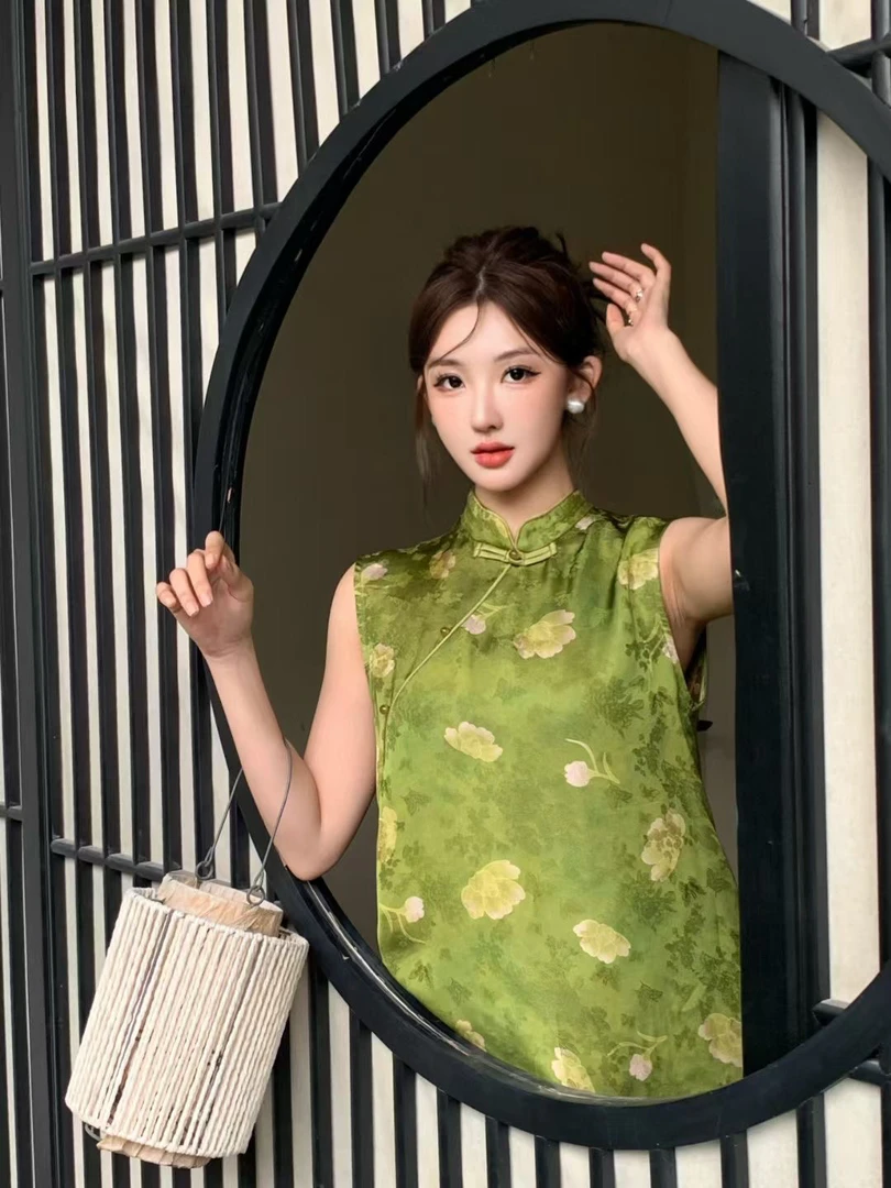提花旗袍无袖改良新中式时尚套装女2025夏季新款盘扣A字上衣短裤