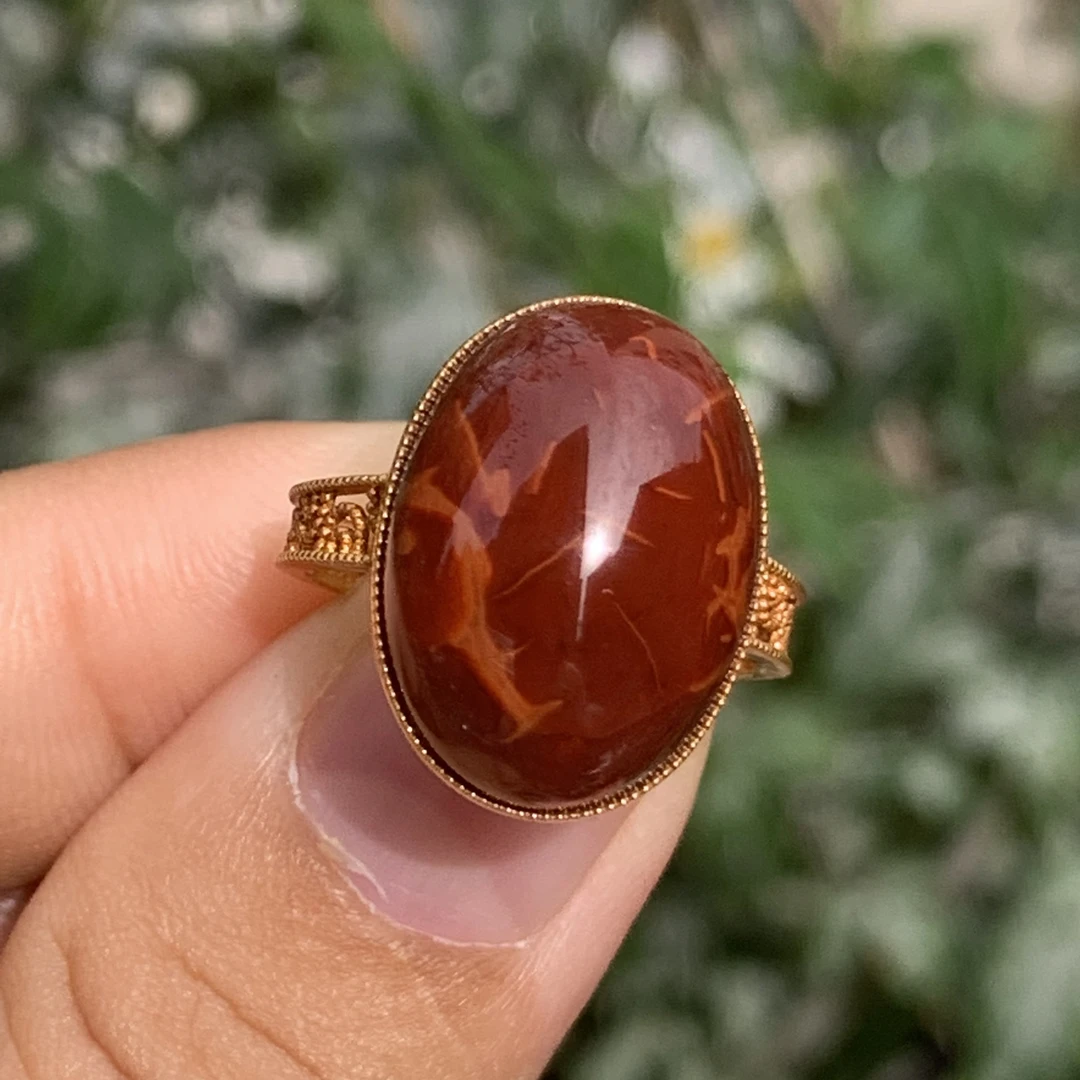 (传承全品级)南红瓦西牛血火焰妖花女戒 18K金镶嵌 18.3*13.5*8.1