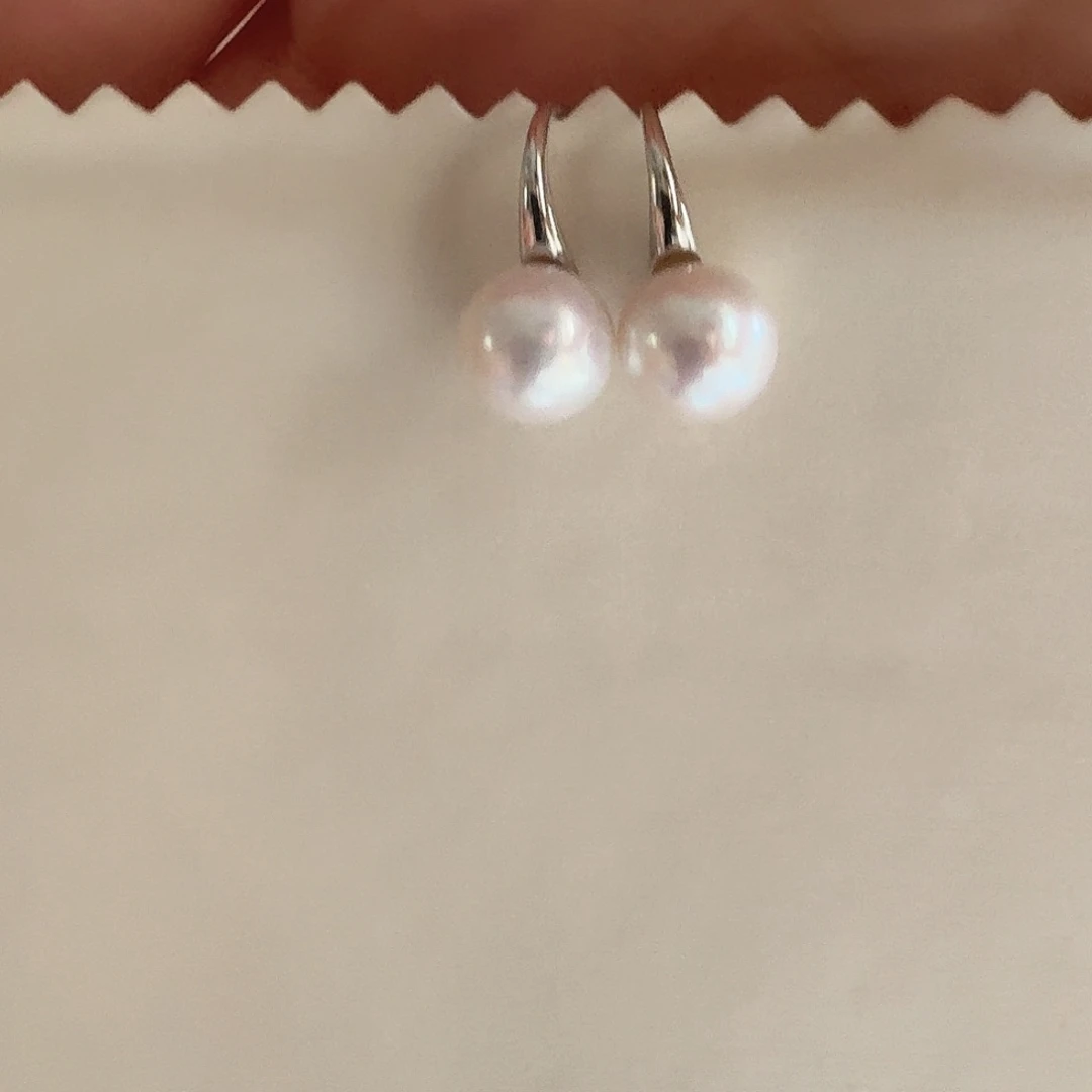银S925镶嵌淡水珍珠耳饰9-10mm 白珠高跟鞋耳饰