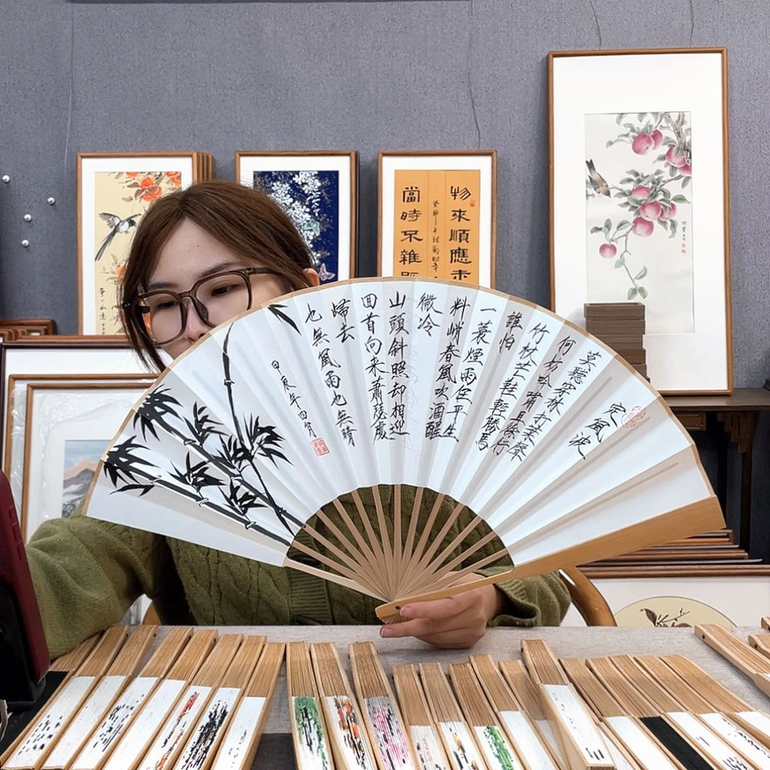 国画10寸玉竹-纯手绘-文玩扇骨（默认粘好）