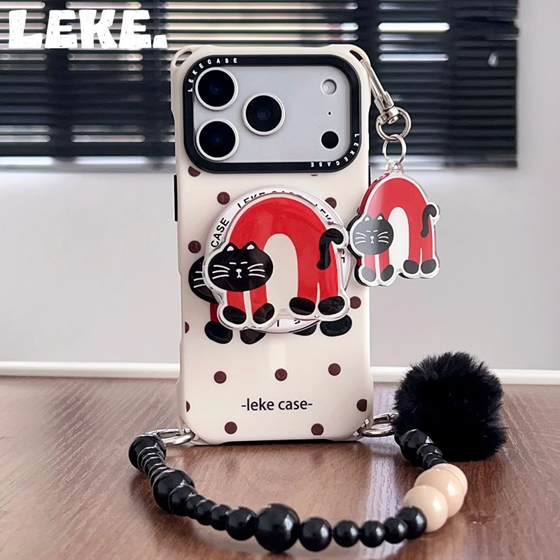 波点黑猫磁吸支架挂绳手机壳可斜挎防摔适用苹果iPhone17华为小米