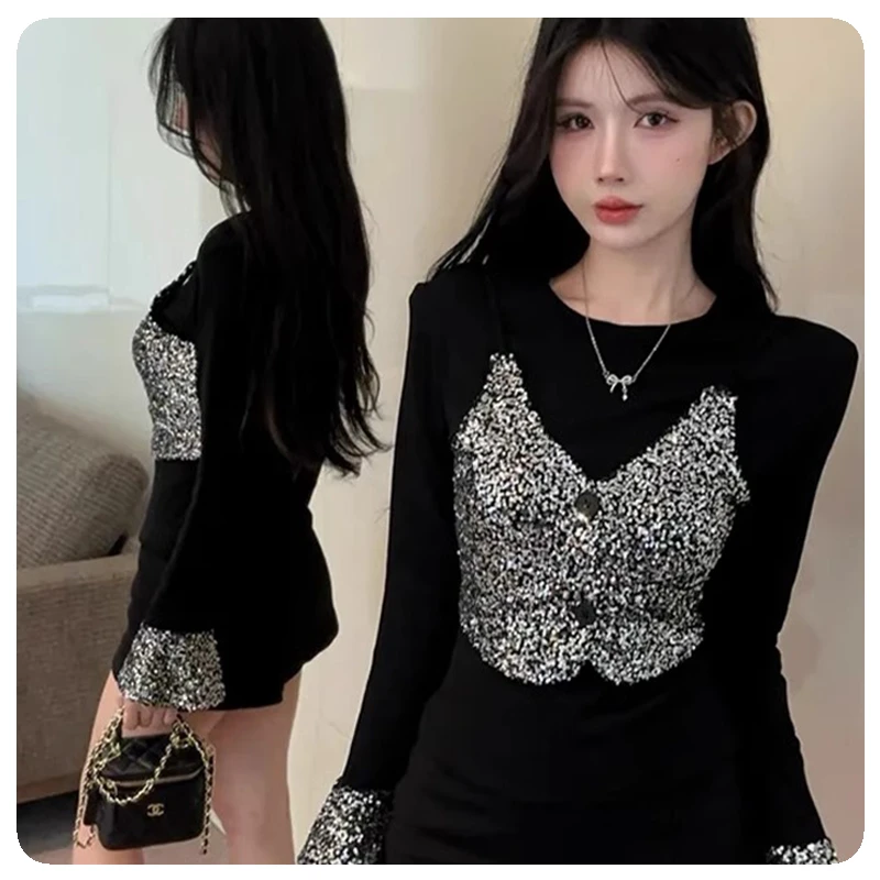 气质德绒亮片时尚拼接吊带打底衫女2025春季小香风假两件显瘦上衣