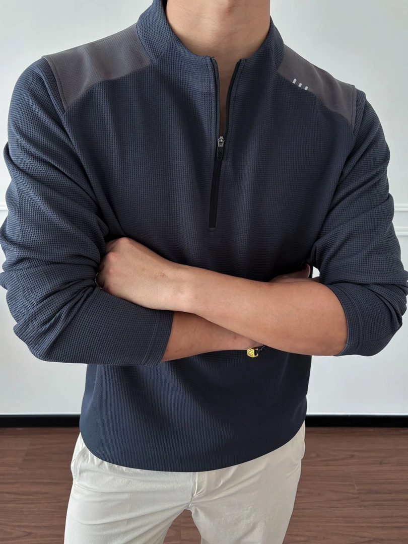 SOS华夫格半拉链长袖户外拼接撞色弹力打底衫秋冬运动休闲卫衣男