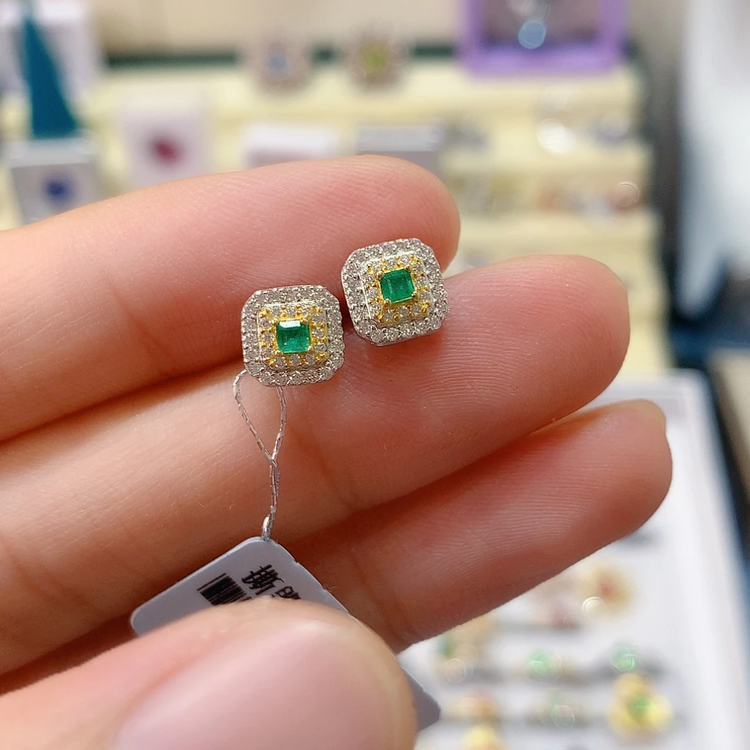 祖母绿耳钉银S925镶嵌