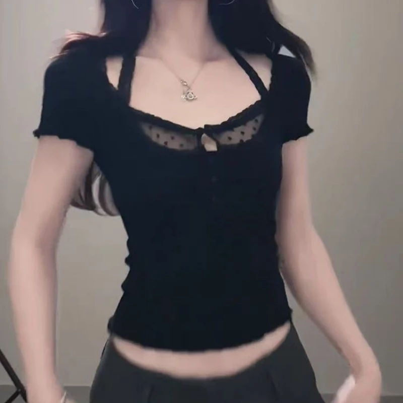 艺等2025法式新款蕾丝拼接T恤设计感辣妹修身显瘦纯欲风女上衣
