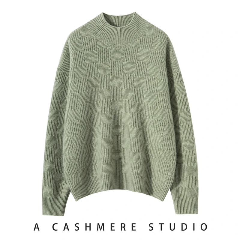 100%纯山羊绒正反块七针加厚款半高领套头衫