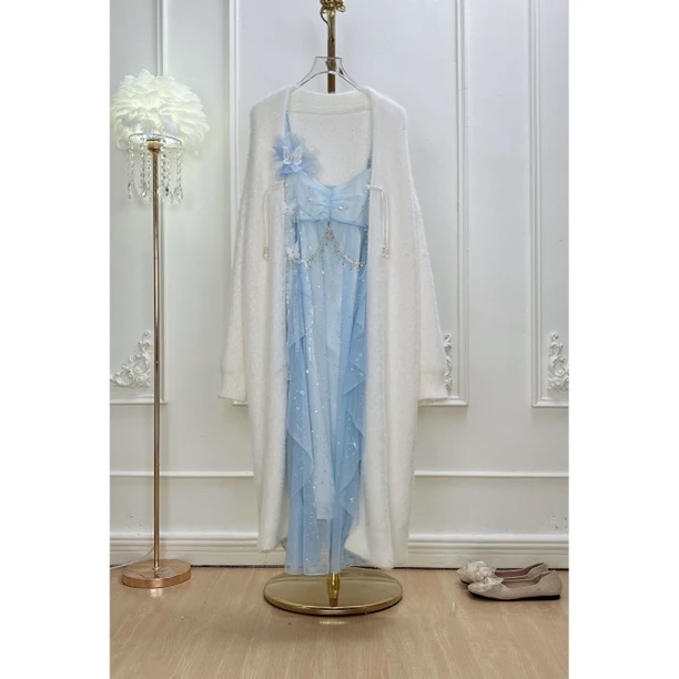 秋冬季首发高质版盘扣中长款毛衣外套吊带裙仙女裙套装裙气质仙气