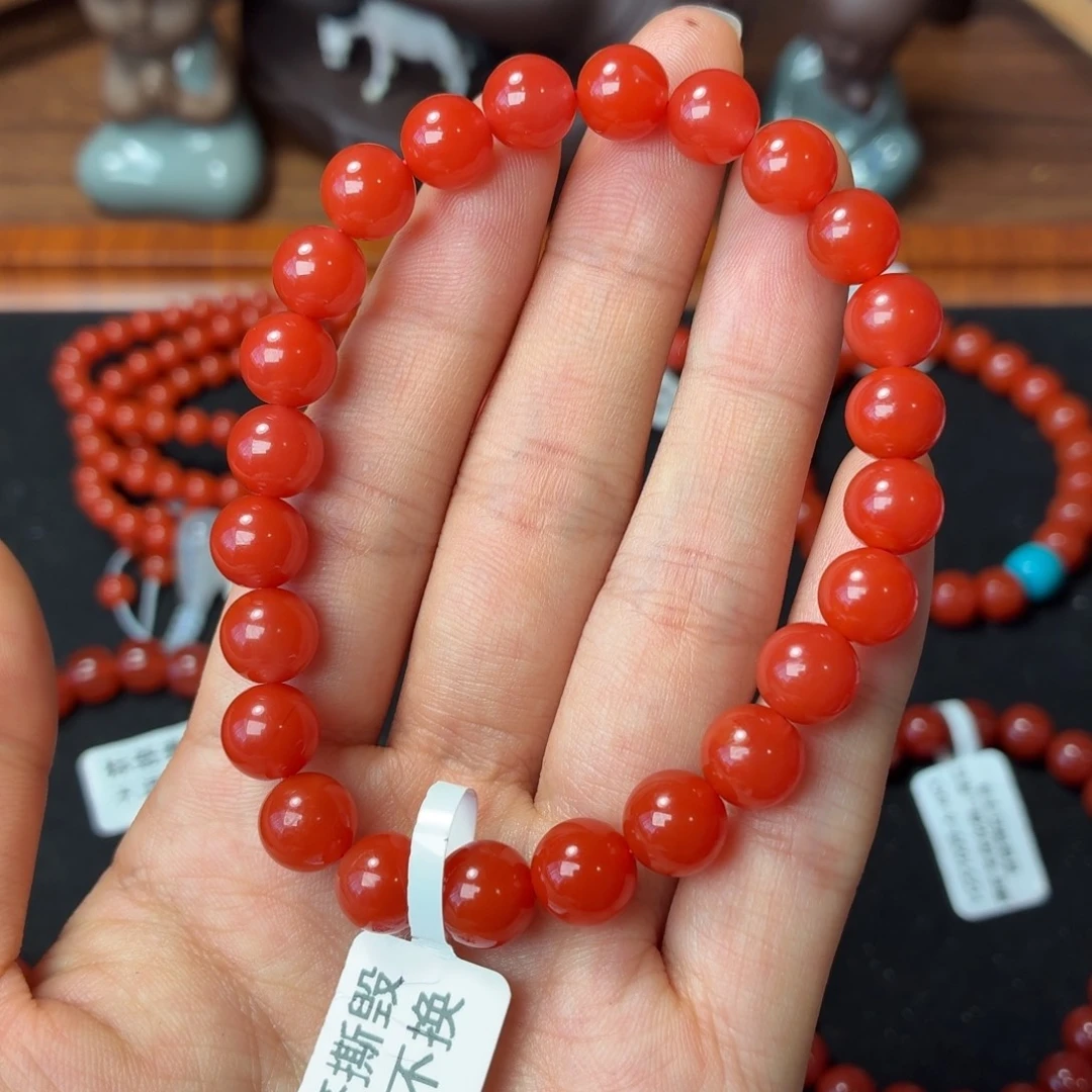 樱***醒南红玛瑙未镶嵌手串保山原矿南红大陷坝柿子锦卡8+