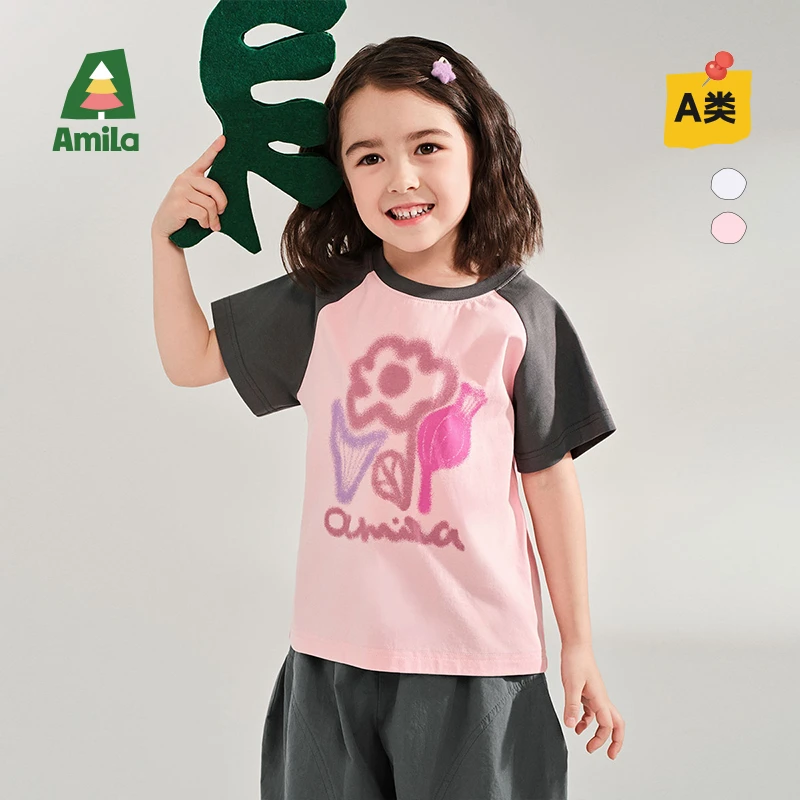 Amila啊咪啦儿童2025年夏女童印花涂鸦插肩袖百搭T恤ZX5TX064