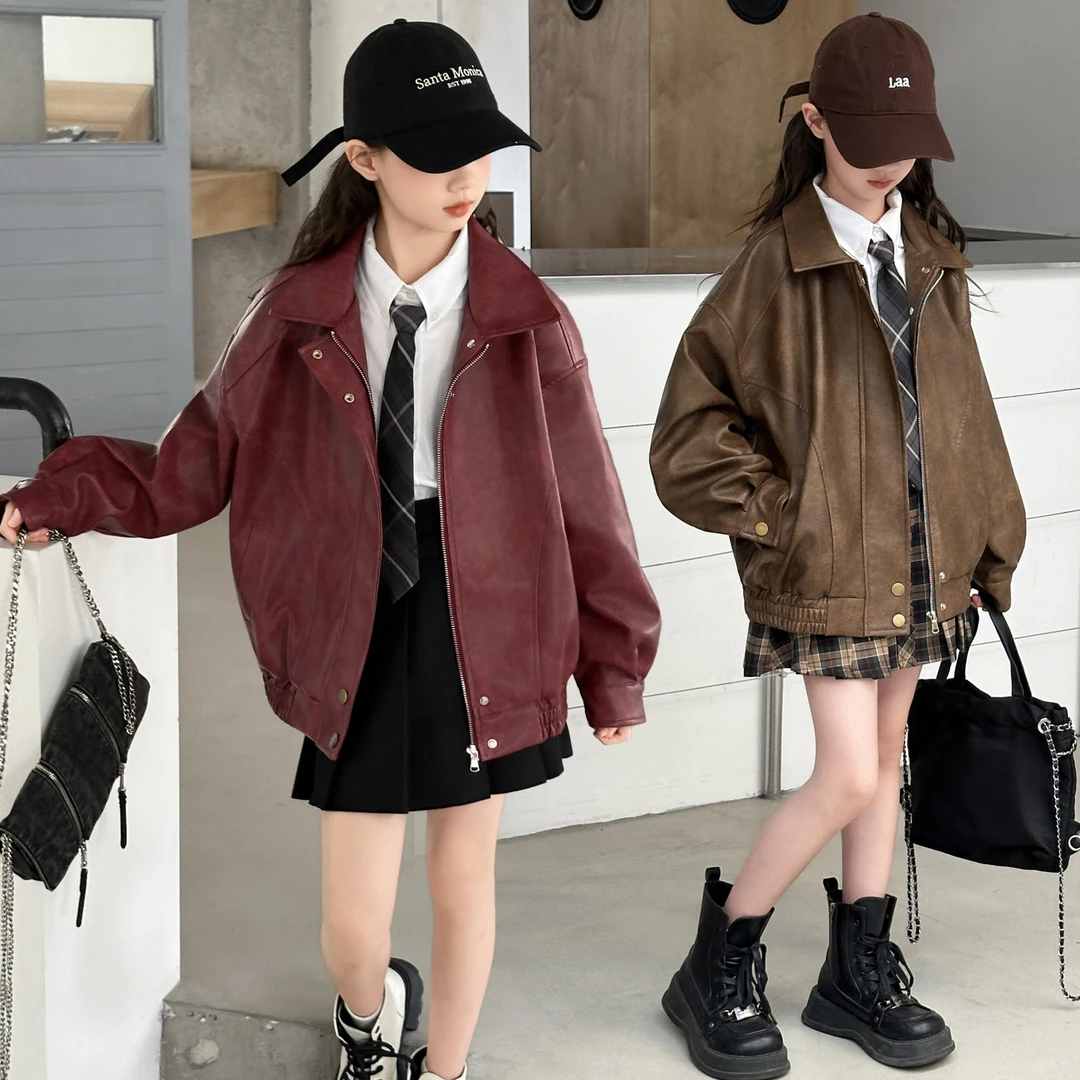 女童皮衣2025新款韩版拉链衫春秋翻领时尚皮衣夹克宽松休闲短款