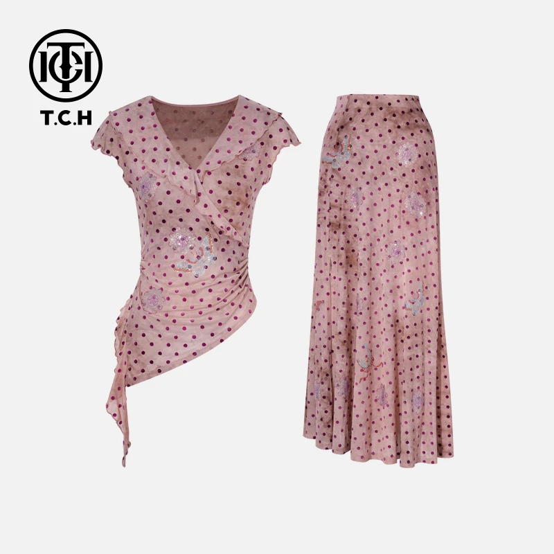 TCH轻奢烫钻工艺时尚休闲百搭气质舒适套装女T75B07E1021私服tch