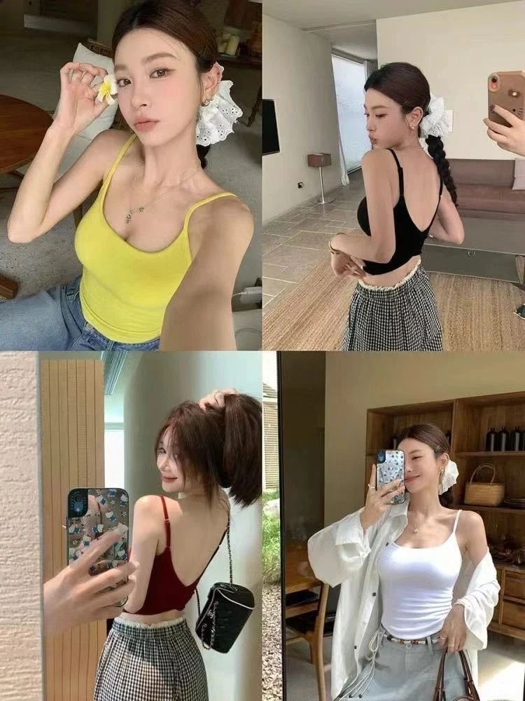 2025新款百搭交叉美背吊带背心带胸垫一体式女修身显瘦纯欲上衣女