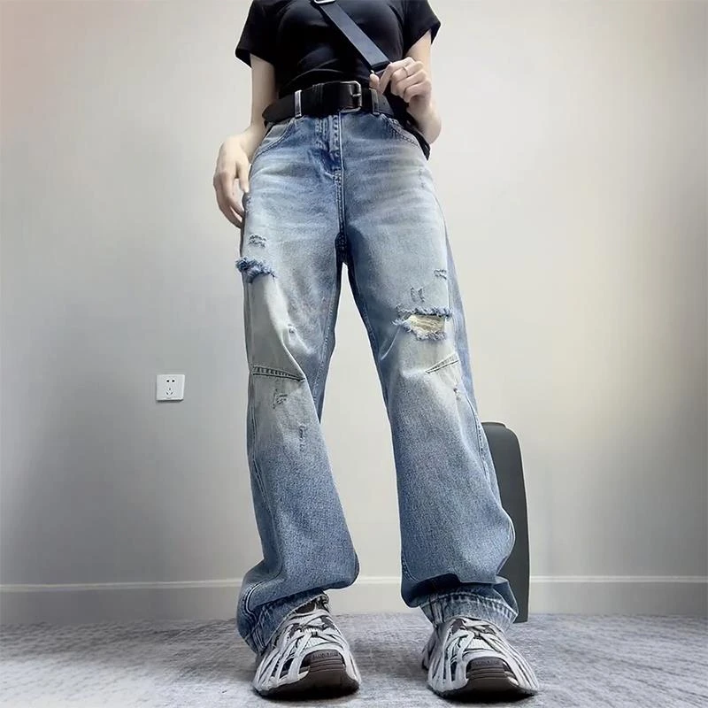 大码破洞阔腿牛仔裤女春秋薄款2025新款胖mm显瘦梨型身材直筒裤子