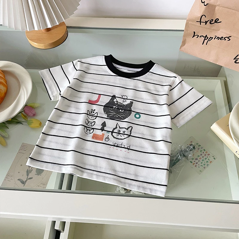 现货【橘止皮】XY251371夏季新款短袖T恤女童休闲百搭条纹上衣女宝