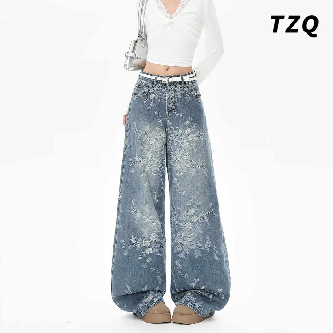 提花刺绣阔腿牛仔裤女款爆款2025秋装新款高腰显瘦垂感宽松拖地裤