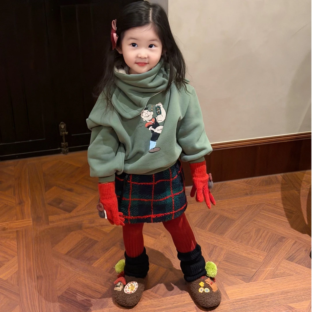 小思家2025冬季新款韩版休闲风卡通印花卫衣格子半身裙女童套装