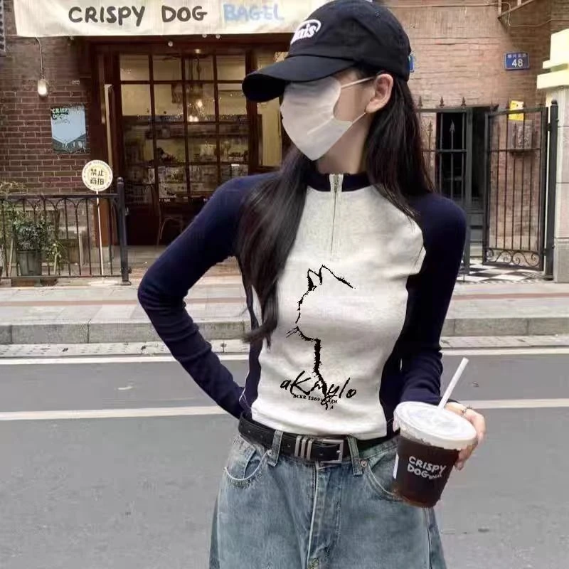卡通正肩灰色撞色T恤女减龄百搭少女风常规款长袖设计感显瘦印花