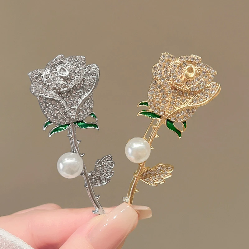 锌合金羽毛胸针 【霁月】奢华满钻珍珠玫瑰胸针高档胸花气质配饰