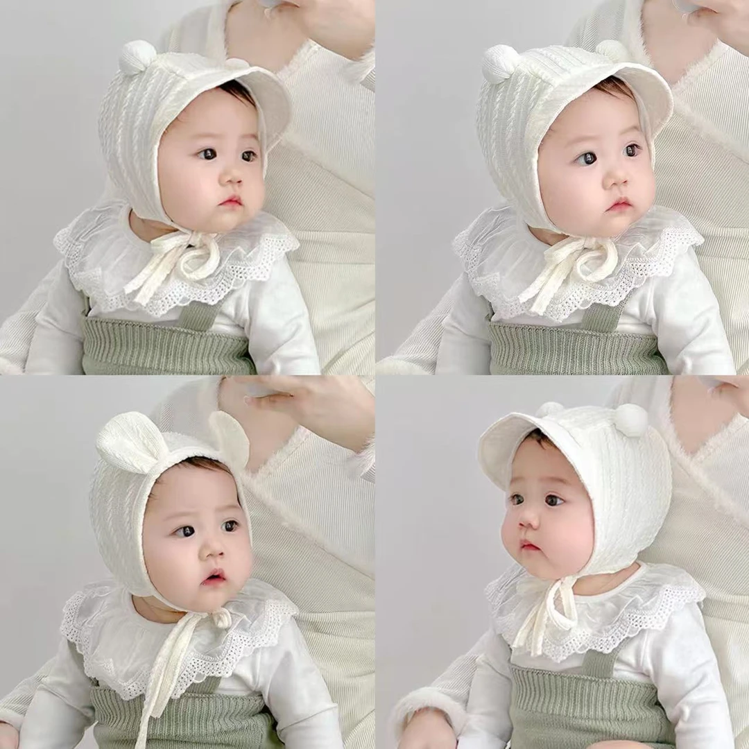 婴儿帽子春秋薄款新生儿可爱双球小月龄宫廷帽防晒出游护囱门胎帽