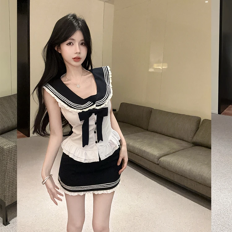 学院风蝴蝶结海军领无袖衬衫包臀短裙收腰显瘦JK制服小个子两件套