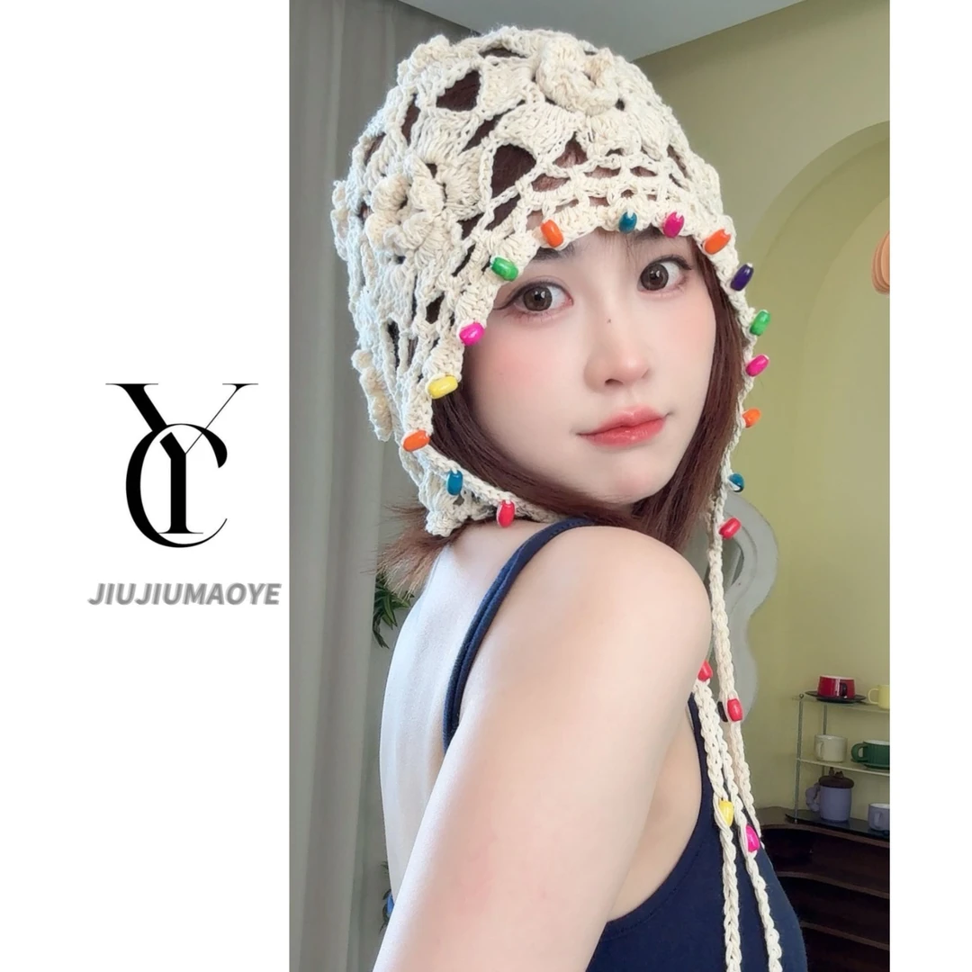 波西米亚风手工镂空花朵钩织包头帽子女名族风彩色串珠甜美套头帽