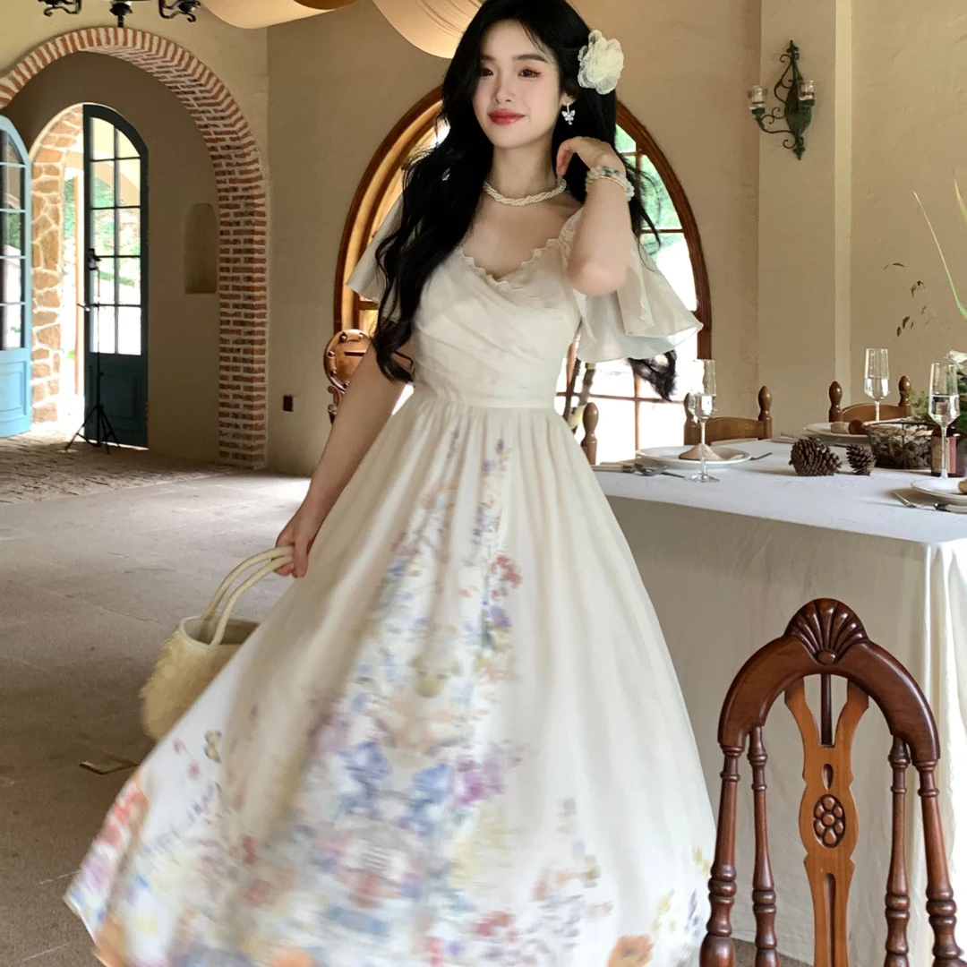 Blovelan廊桥遗梦 法式优雅交叉蕾丝V领蝴蝶袖印花裙摆连衣裙