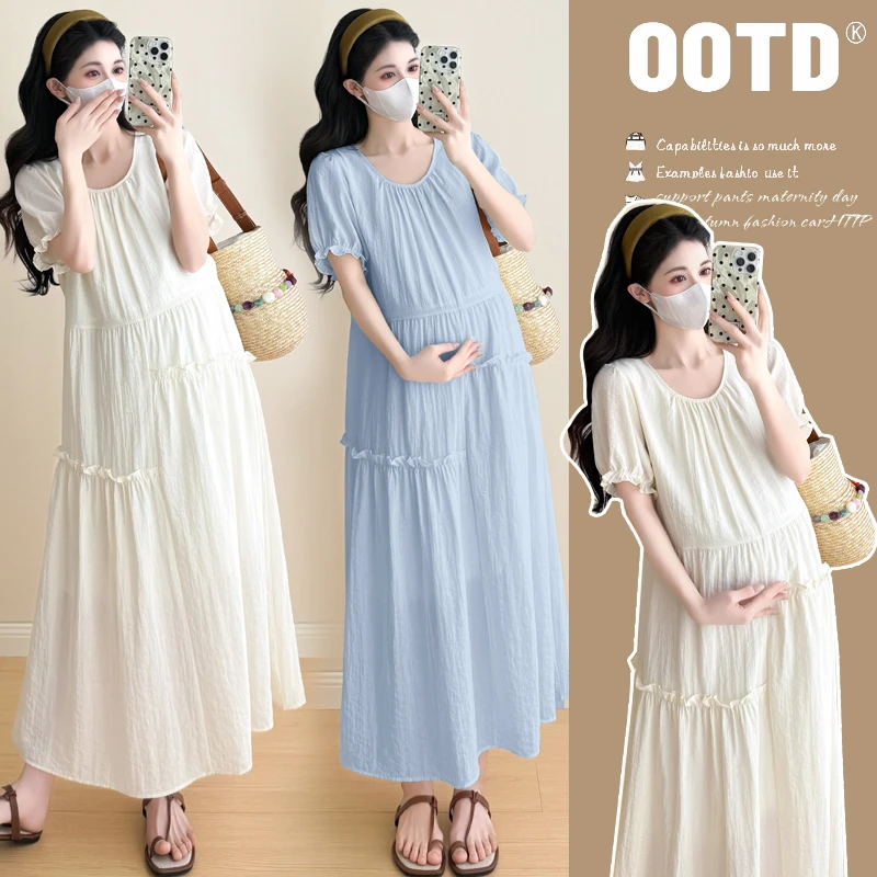 66现货 大码2025夏装新款韩版小清新甜美孕妇连衣裙短袖中长款