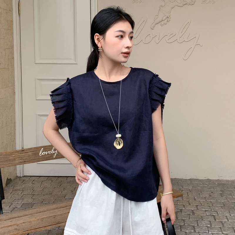 2025新款独特漂亮小衫百搭老钱风女装遮肚子气质亚麻上衣女夏宽松