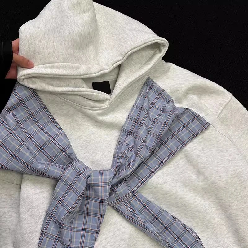 胖mm秋季新款美式复古蝴蝶结连帽卫衣女2-300斤慵懒风宽松上衣潮