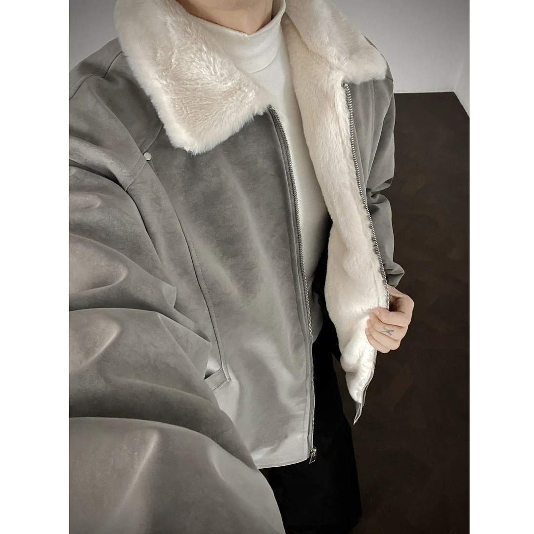 OWH秋冬穿搭潮流翻领羊羔绒PU皮加厚保暖棉衣美式工装棉服夹克