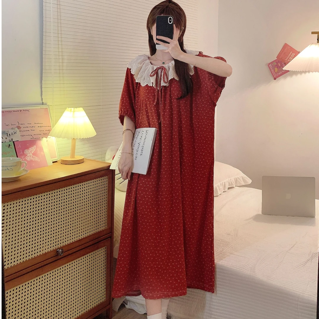 韩系ins风甜美蕾丝花边睡裙春秋季睡衣女短袖宽松慵懒感家居服