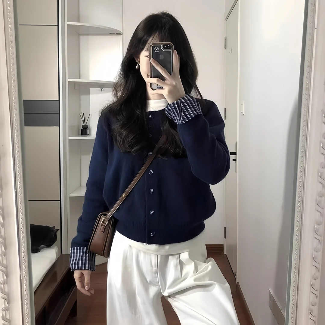 秋季套装女款爆款2025新款假两件藏蓝色针织开衫毛衣休闲阔腿长裤