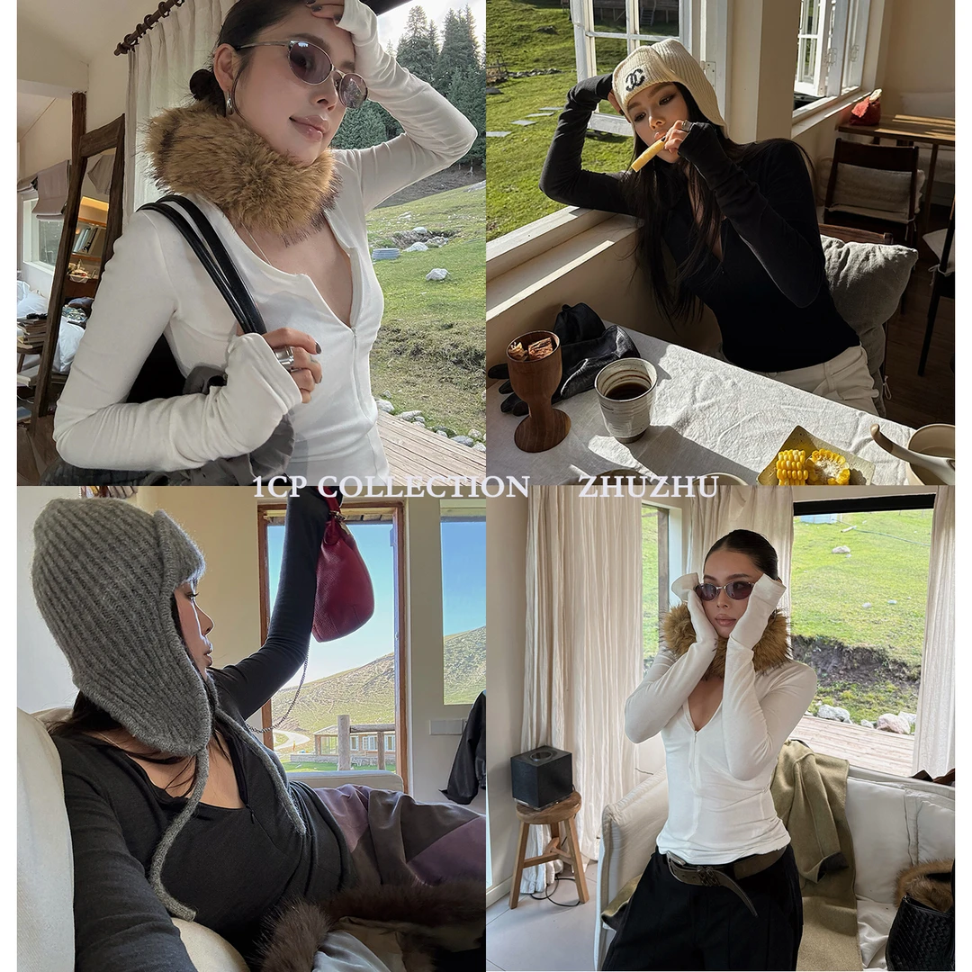 1CP 灰色百搭显瘦打底衫女2025冬季新款黑色磨毛v领长袖内搭白色