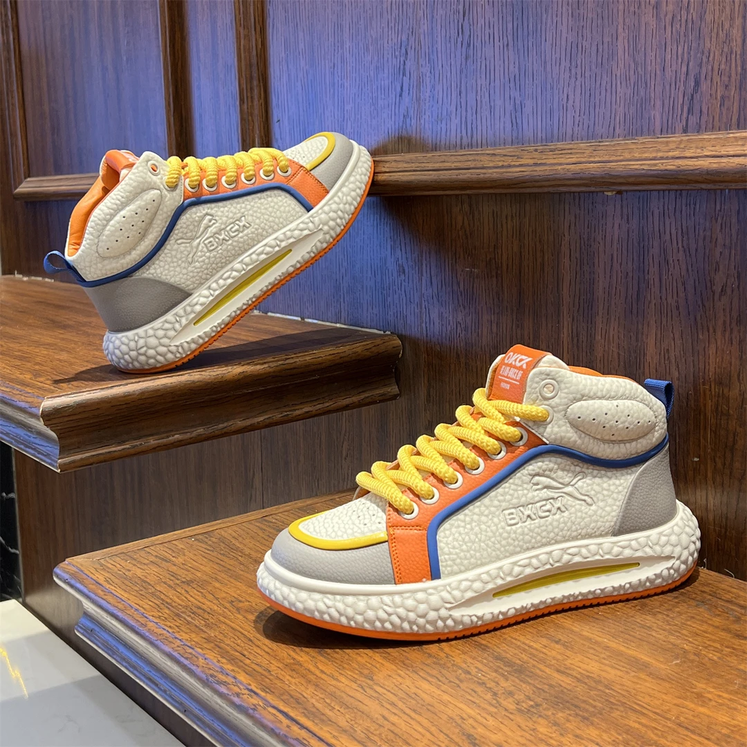 潮流男鞋高帮圆头增高休闲鞋港风厚底拼色时尚百搭运动舒适男板鞋