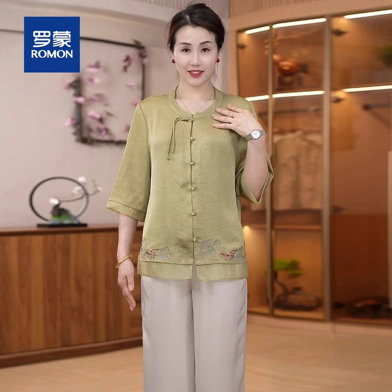 罗蒙母亲中年妈妈装新中式刺绣印花套装休闲女装复古国风两件套女