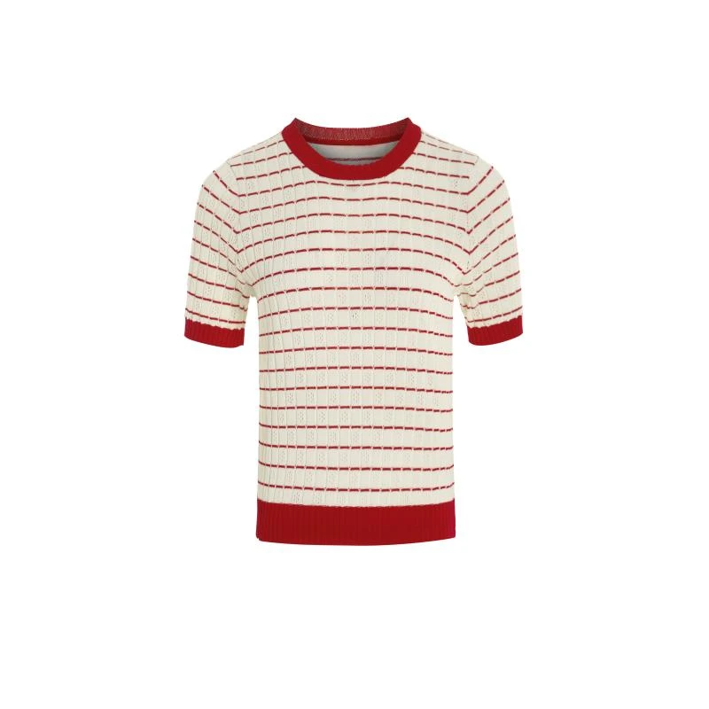 撞色条纹修身短袖针织衫短袖横条纹T恤红色圆领半袖上衣0057