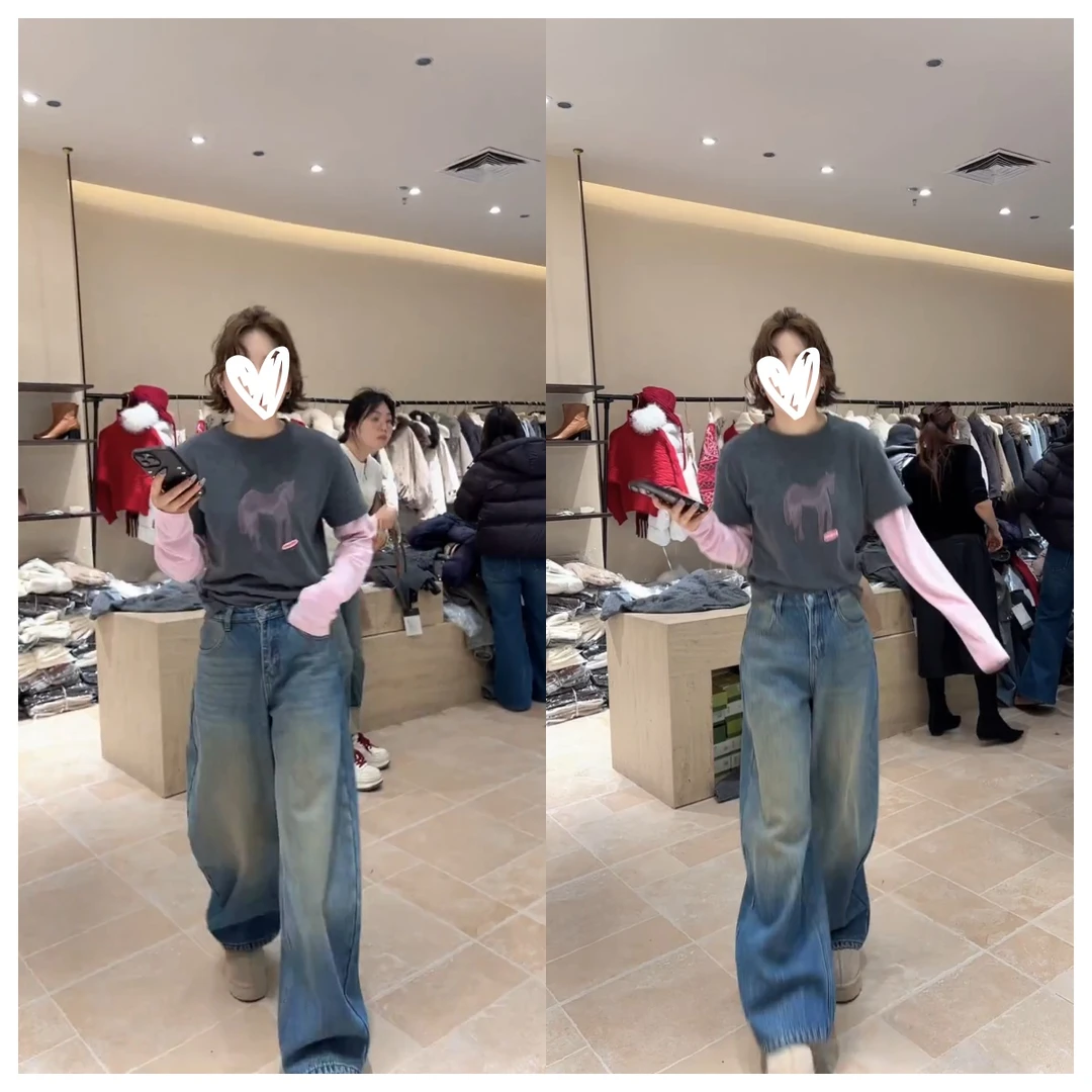 韩版设计感休闲时尚百搭动物小马图案假两件长袖T恤W1274